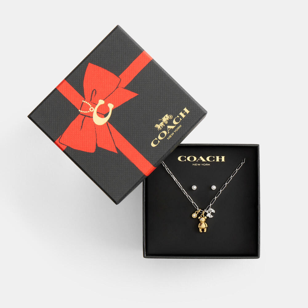 COACH Teddy Bear And Bow Earrings And Necklace Set IN GIFTBOX NWT